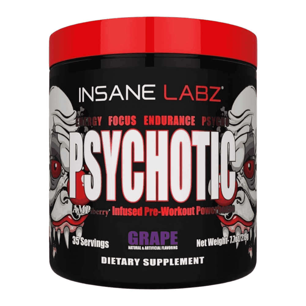 Pote del pre-entreno original Psychotic de Insane Labz sabor uva, el suplemento de energía extrema.