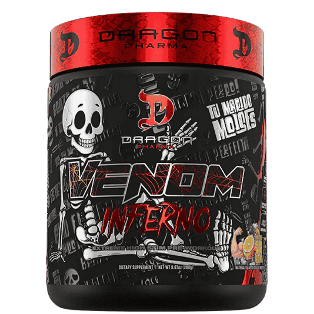 Pote del pre-entreno termogénico Venom Inferno de Dragon Pharma sabor brazo de 50 limón.