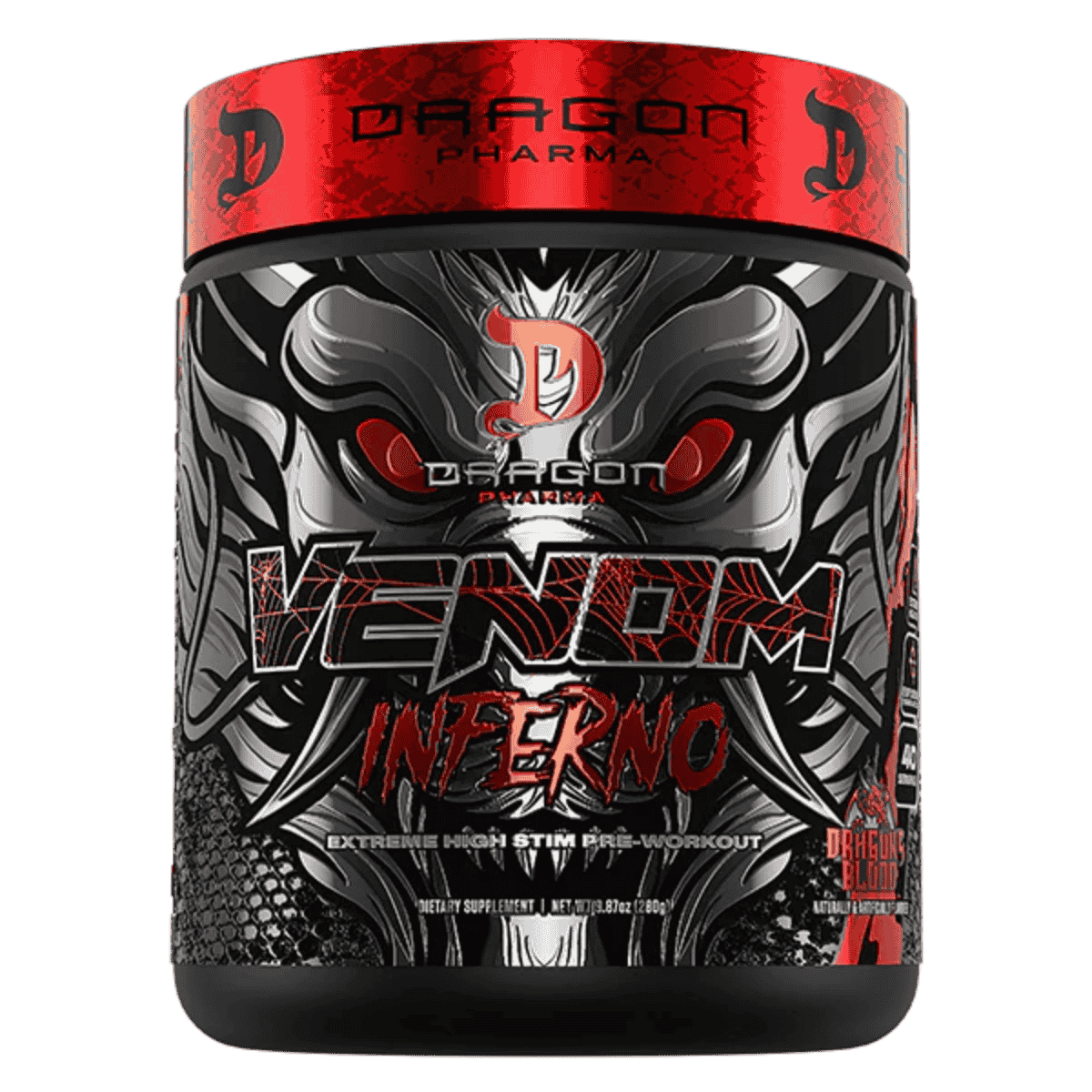 Pote del pre-entreno termogénico Venom Inferno de Dragon Pharma sabor dragon blood.