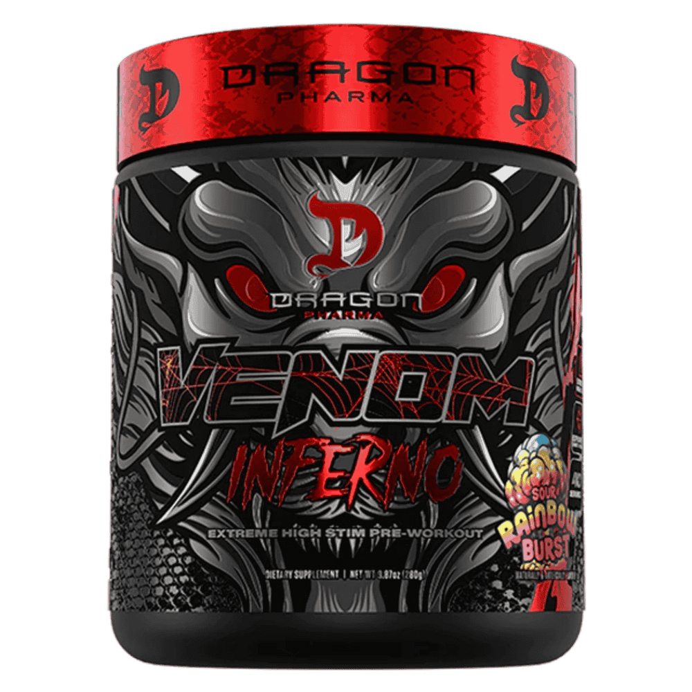 Pote del pre-entreno termogénico Venom Inferno de Dragon Pharma sabor sour rainbow burst.