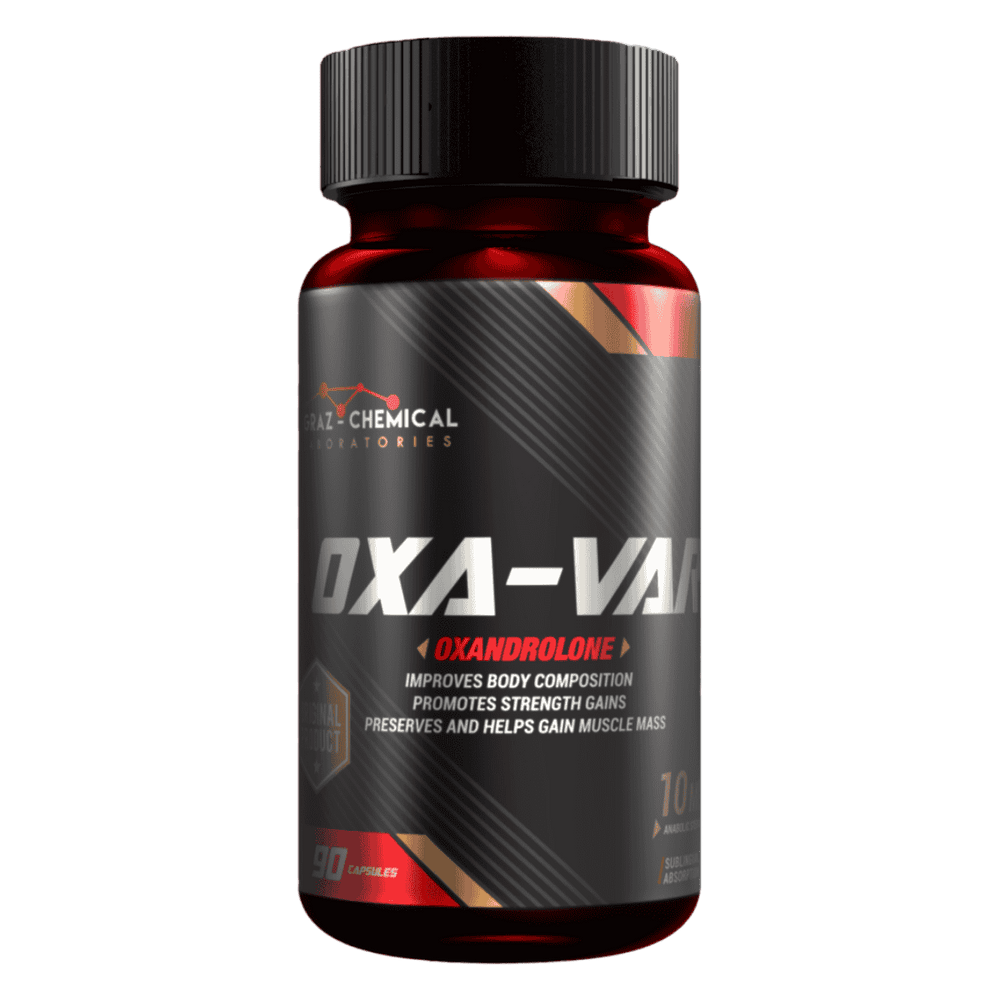 Frasco de 90 cápsulas de Oxa Var de Graz Chemical, pro-hormonal para definición.