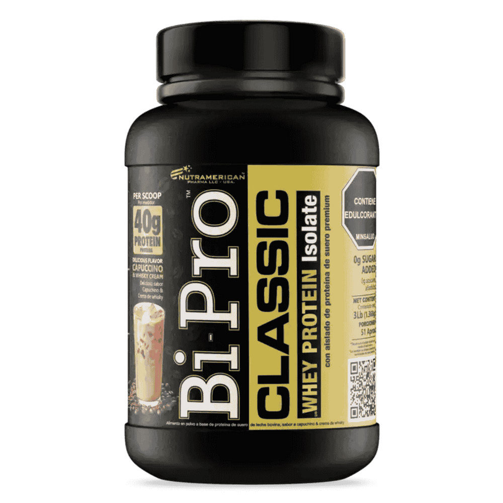 Bolsa de 3 libras de Bipro Classic de Nutramerican sabor capuccino and whisky, proteína aislada pura.