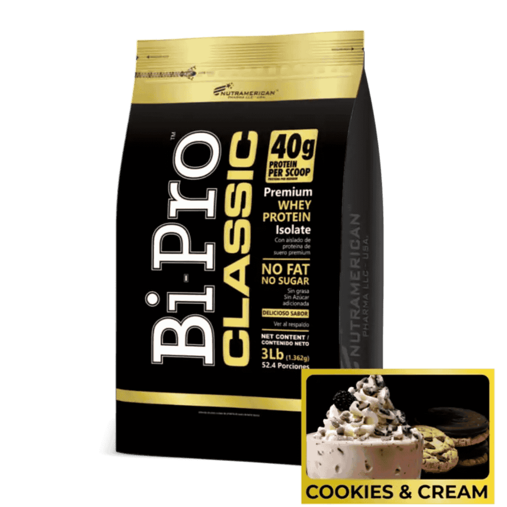 Bolsa de 3 libras de Bipro Classic de Nutramerican sabor cookies and cream, proteína aislada pura.