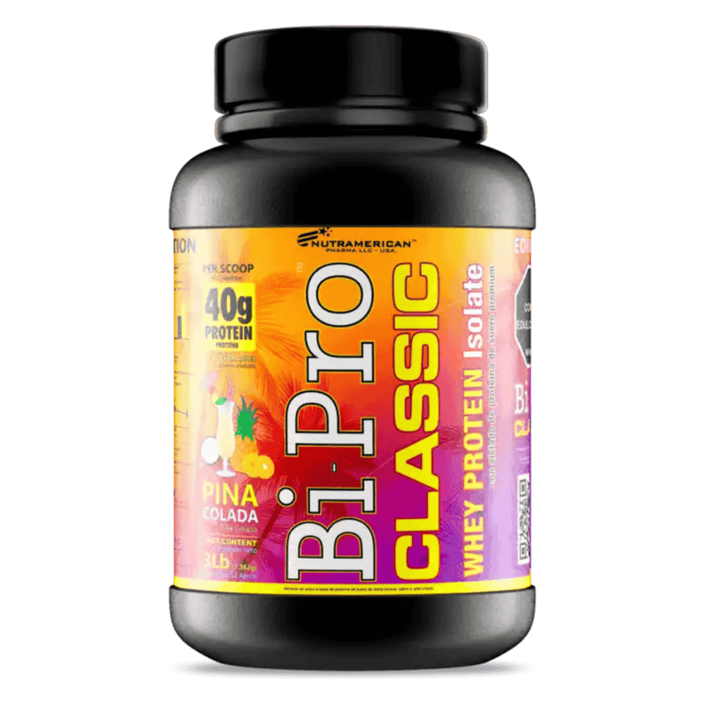 Pote de 3 libras de Bipro Classic de Nutramerican sabor piña colada, proteína aislada pura.