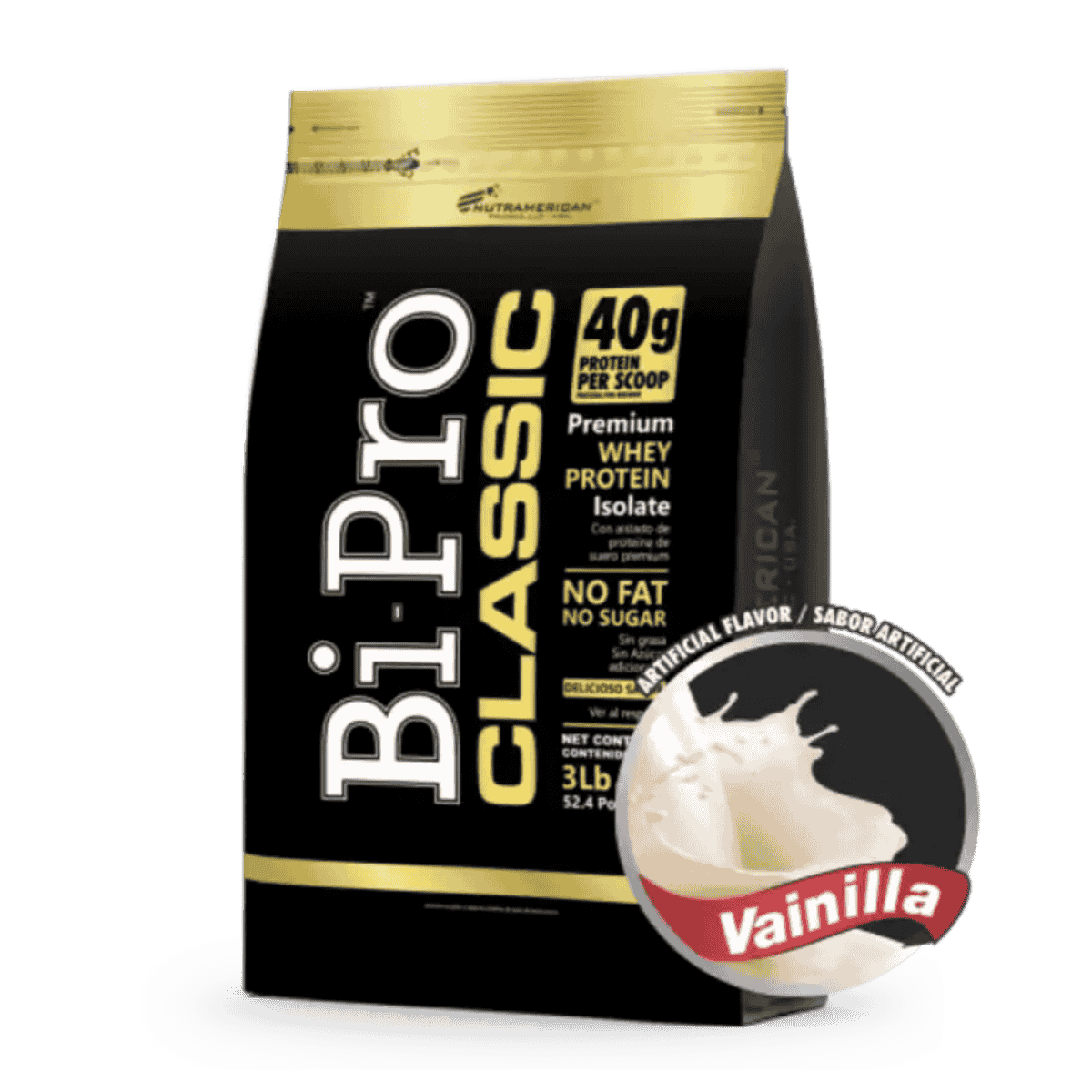 Bolsa de 3 libras de Bipro Classic de Nutramerican sabor vainilla, proteína aislada pura.