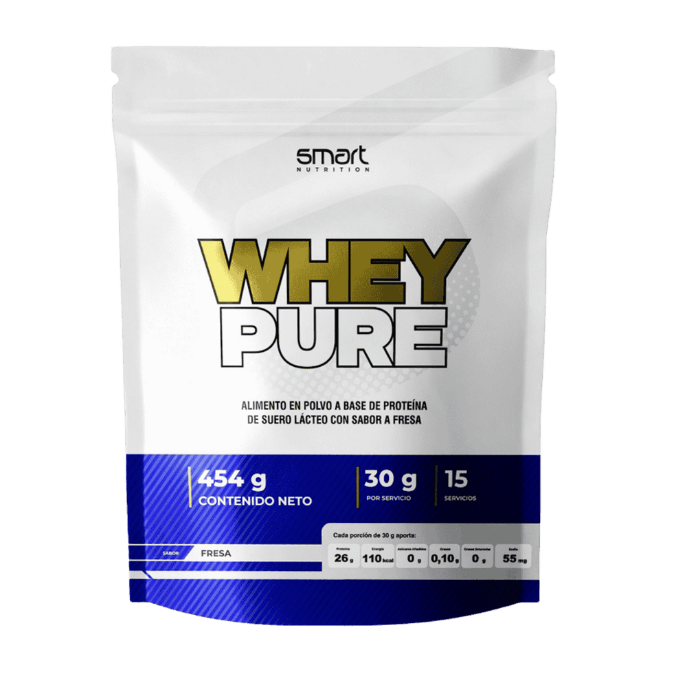 Bolsa de 1 libra de Whey Pure de Smart Nutrition, proteína aislada sabor fresa.