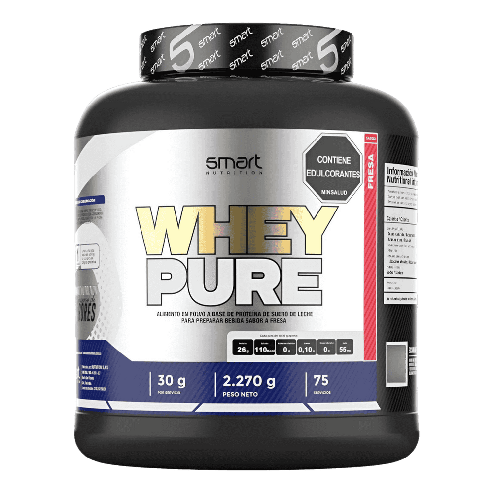 Pote de 5 libras de Whey Pure de Smart Nutrition, proteína aislada pura sabor fresa.