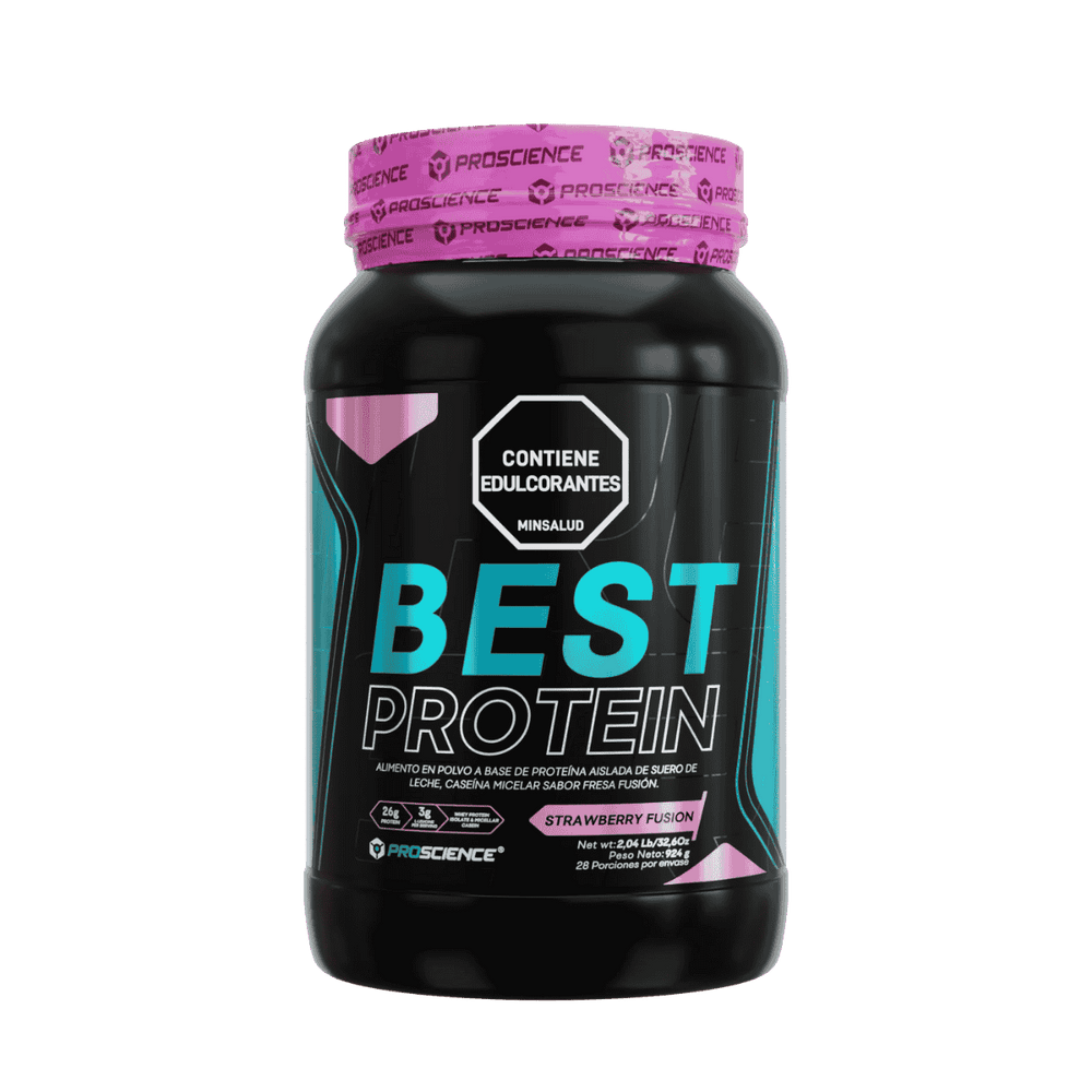 Pote de 2 libras de Best Protein de Proscience sabor strawberry fusion.