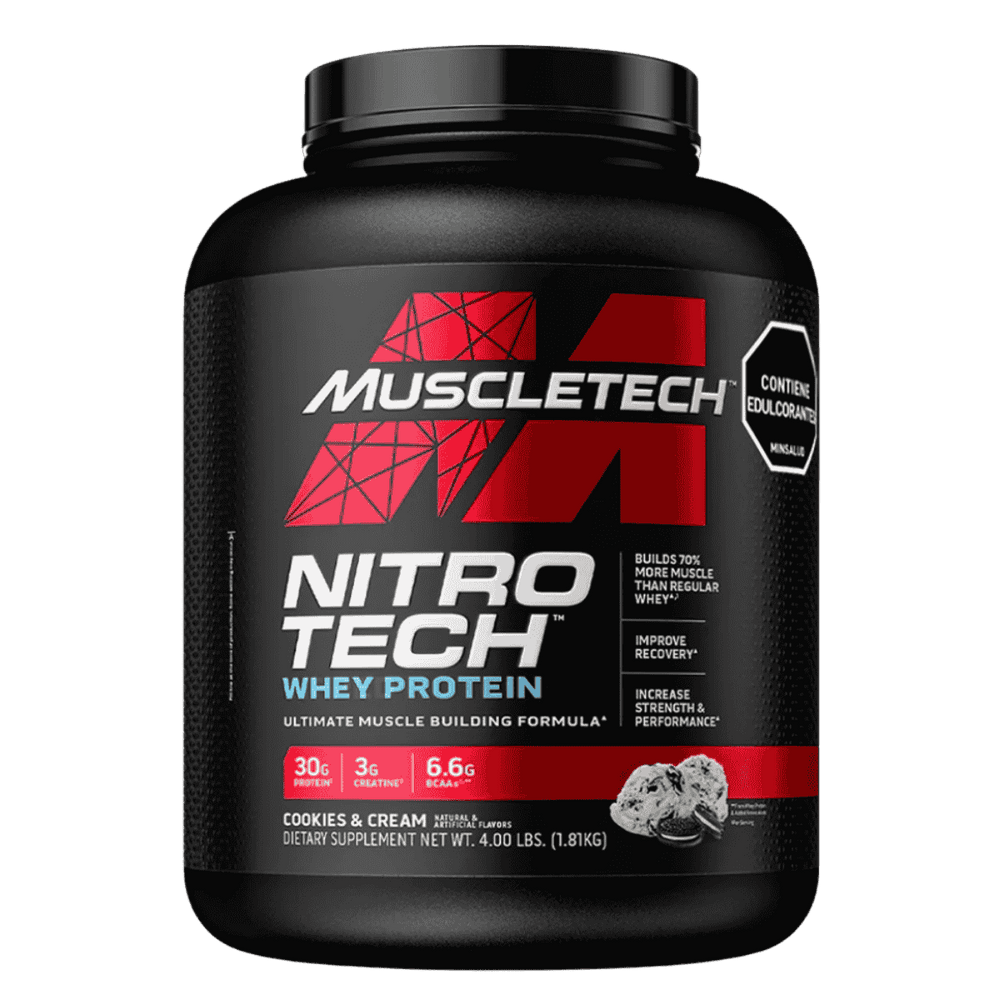 Pote de 4 libras de Nitro-Tech Performance Series de Muscletech sabor cookies and cream, proteína con creatina.