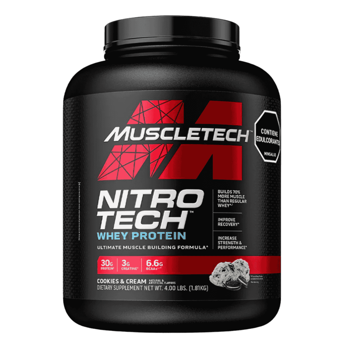 Pote de 4 libras de Nitro-Tech Performance Series de Muscletech sabor cookies and cream, proteína con creatina.