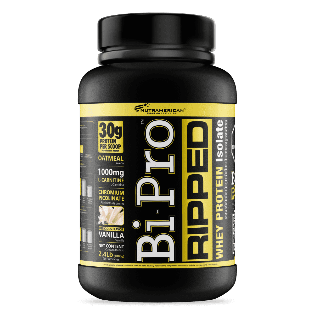 Pote de 2.4 libras de Bipro Ripped, proteína isolada con quemador de grasa de Nutramerican.

