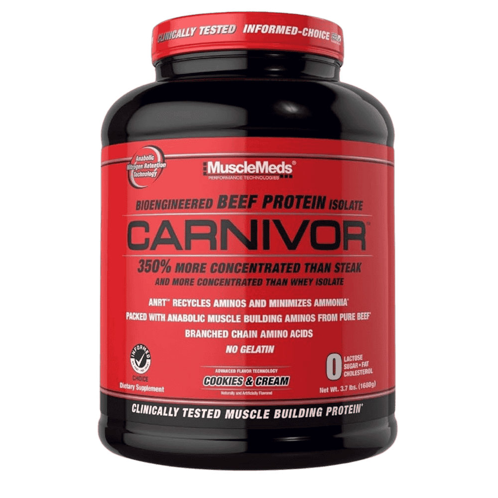 Pote grande de 4 libras de Carnivor de MuscleMeds, proteína de carne sin lactosa sabor cookies and cream.
