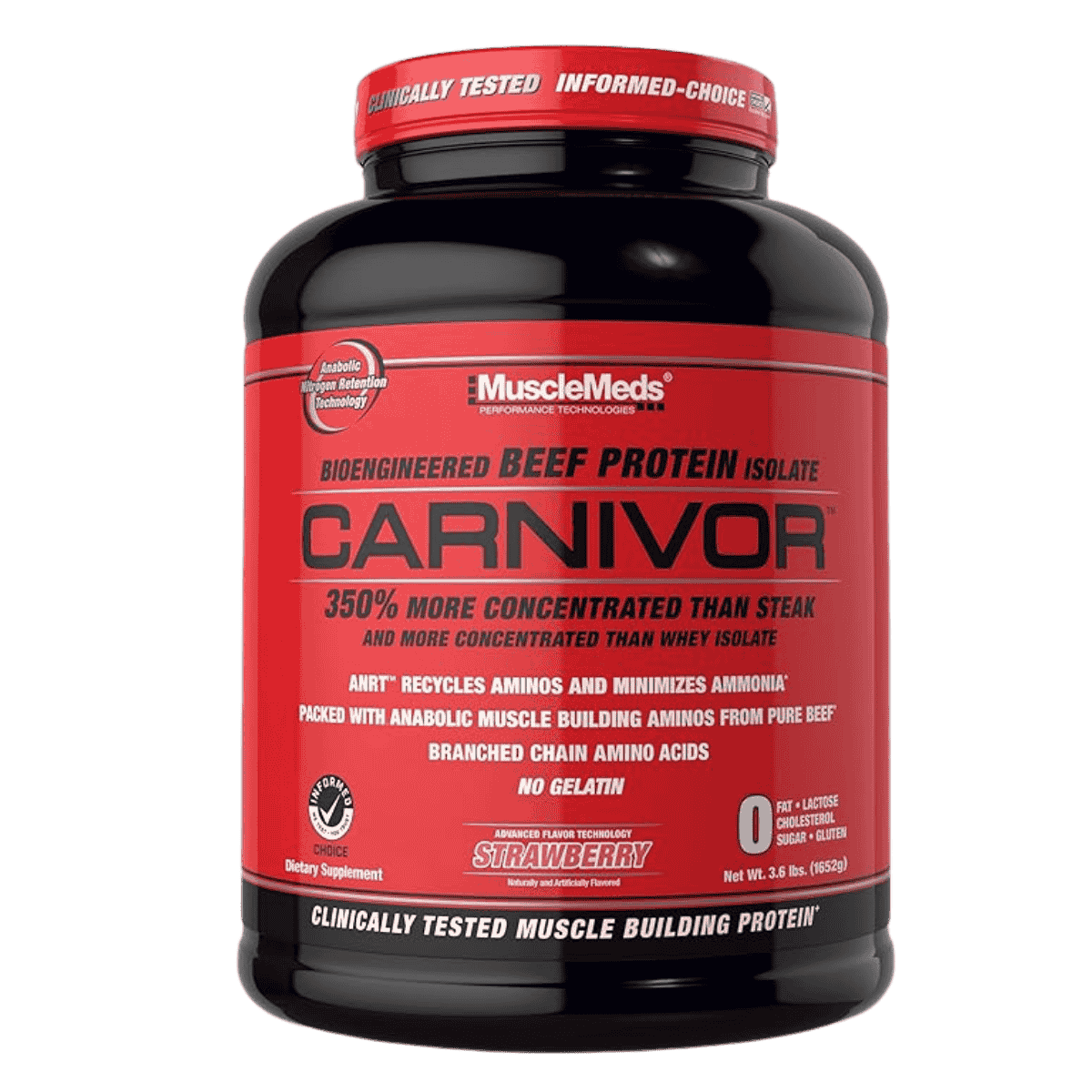 Pote grande de 4 libras de Carnivor de MuscleMeds, proteína de carne sin lactosa sabor strawberry