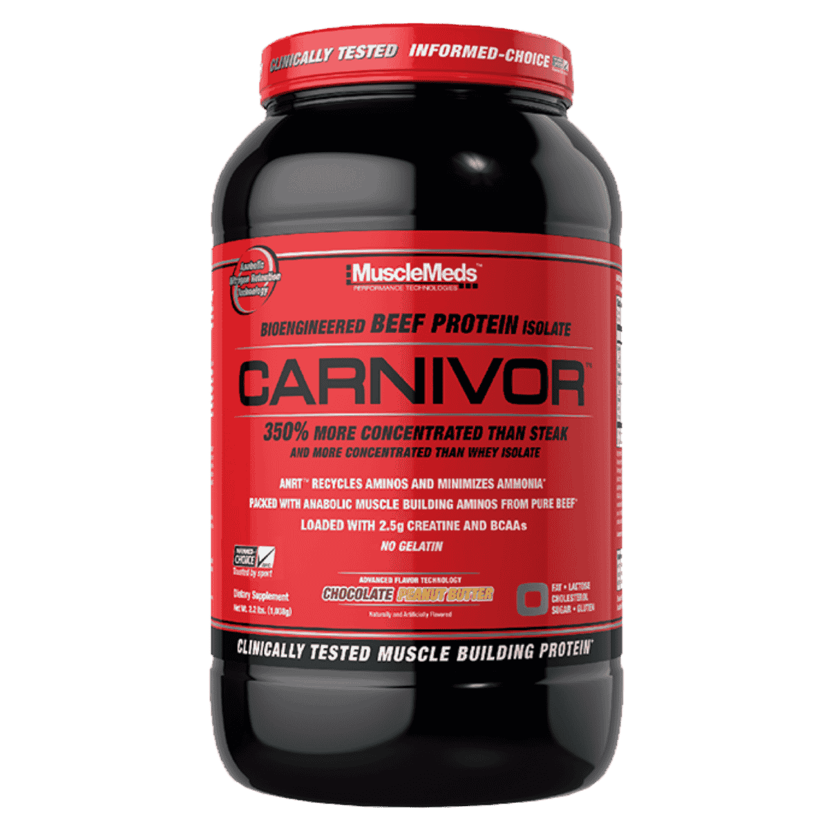 Pote de 2 libras de Carnivor de MuscleMeds sabor chocolate peanut butter, proteína aislada de carne de res.