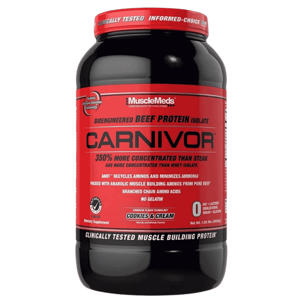 Pote de 2 libras de Carnivor de MuscleMeds sabor cookies and cream, proteína aislada de carne de res.