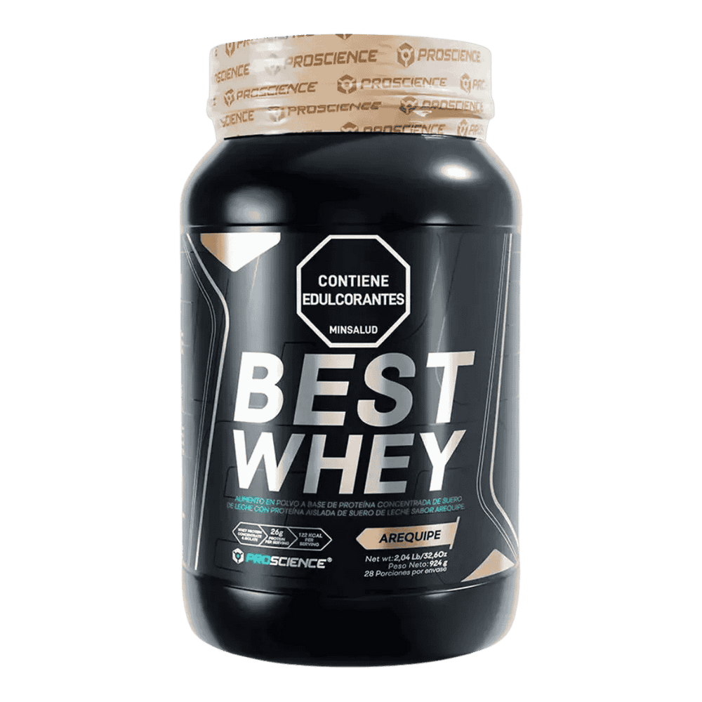 Pote de 2 libras de Best Whey de Proscience sabor arequipe, proteína de suero para masa muscular.