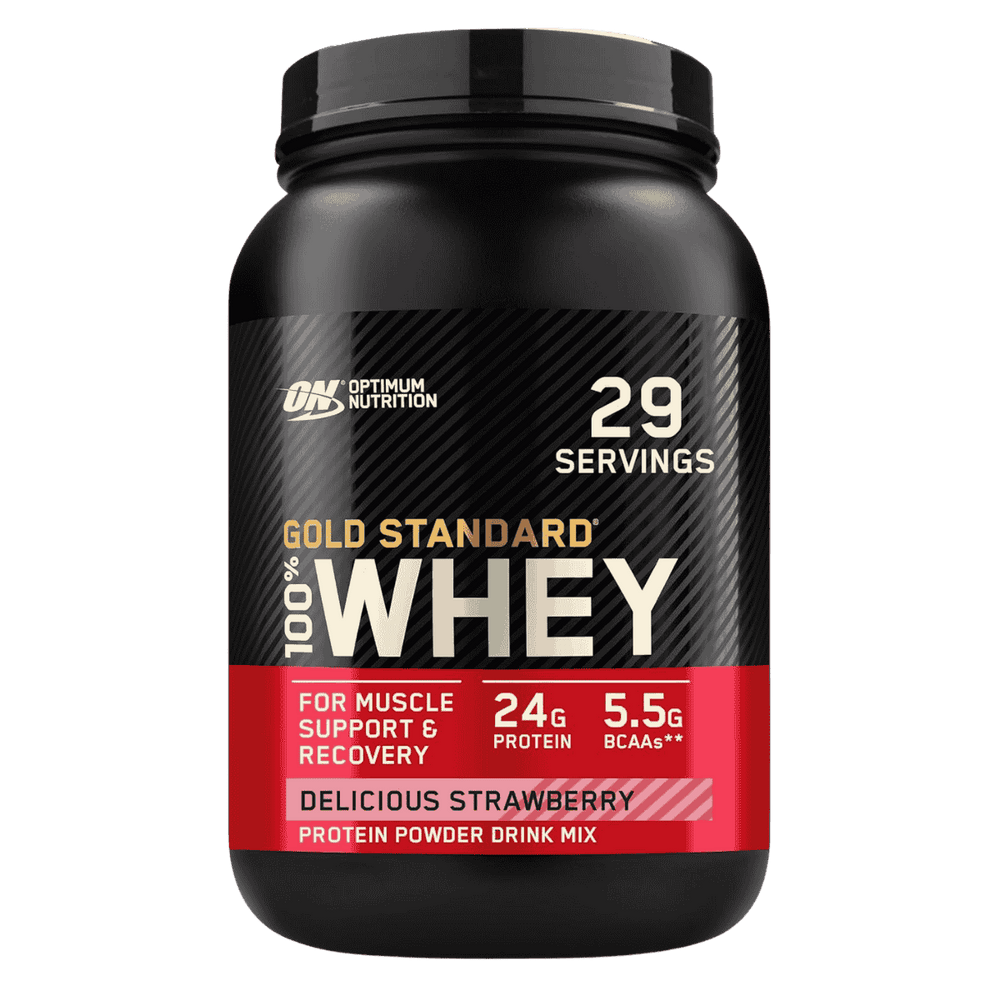 Pote de 2 libras de Gold Standard 100% Whey de Optimum Nutrition sabor delicious strawberry