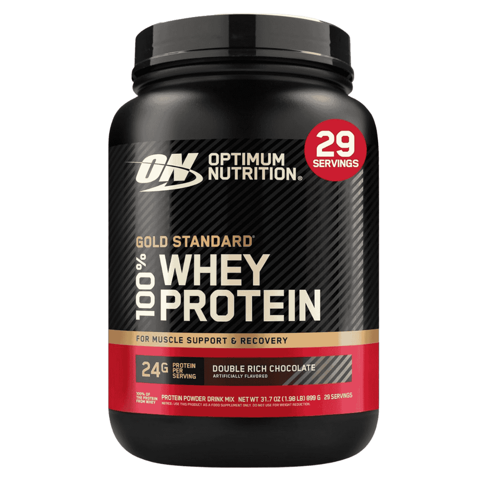 Pote de 2 libras de Gold Standard 100% Whey de Optimum Nutrition sabor double rich chocolate