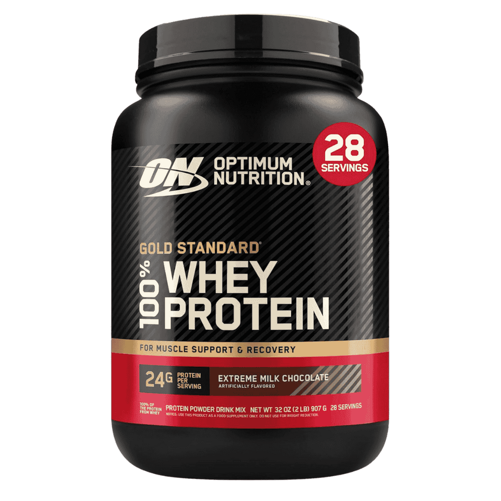 Pote de 2 libras de Gold Standard 100% Whey de Optimum Nutrition sabor extreme milk chocolate