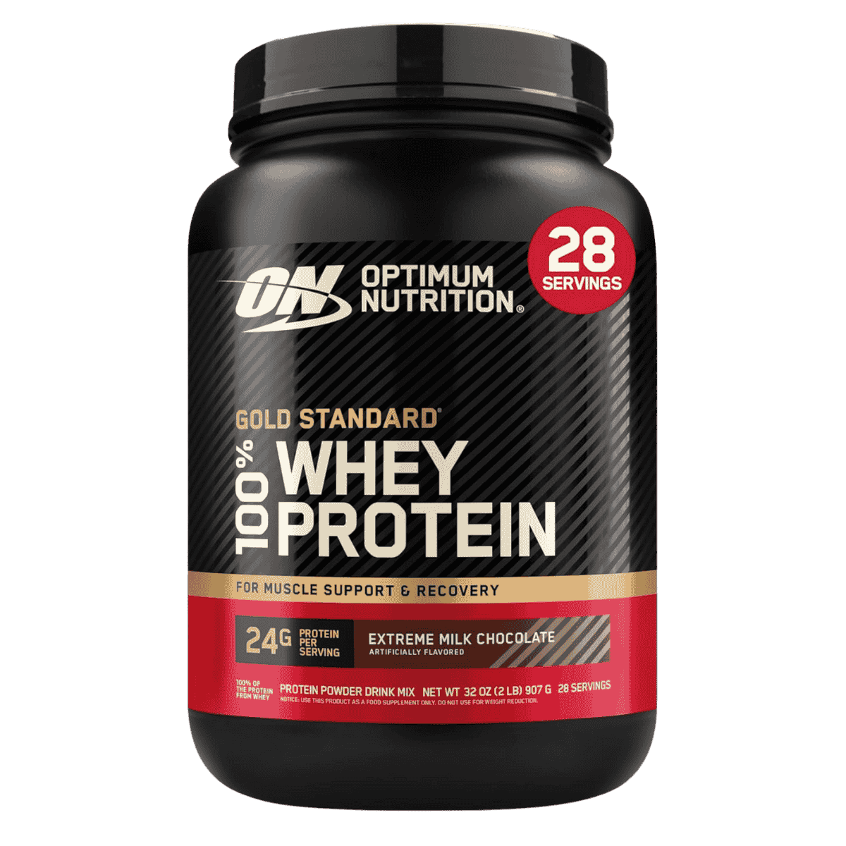 Pote de 2 libras de Gold Standard 100% Whey de Optimum Nutrition sabor extreme milk chocolate