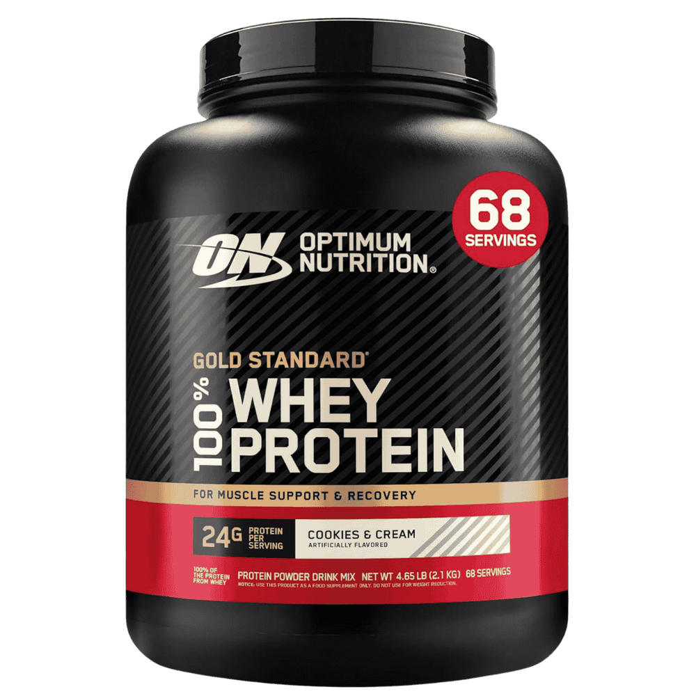 Pote de 5 libras de Gold Standard 100% Whey de Optimum Nutrition, formato grande sabor cookies and cream.