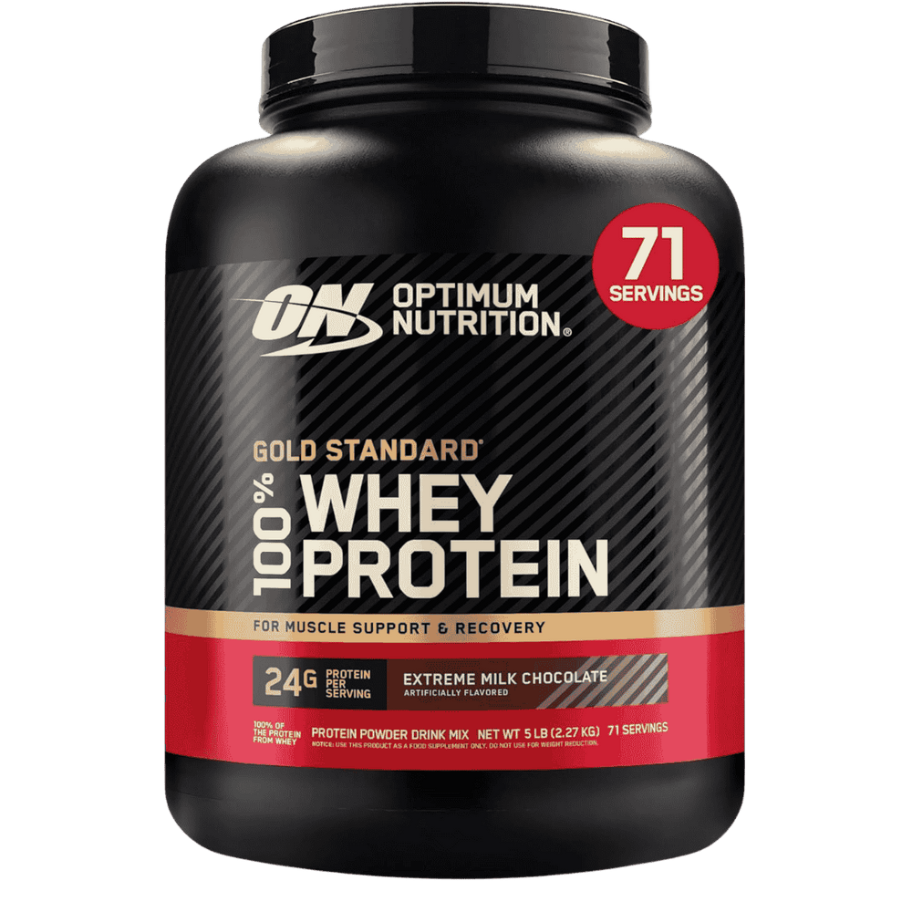 Pote de 5 libras de Gold Standard 100% Whey de Optimum Nutrition, formato grande sabor extreme milk chocolate.