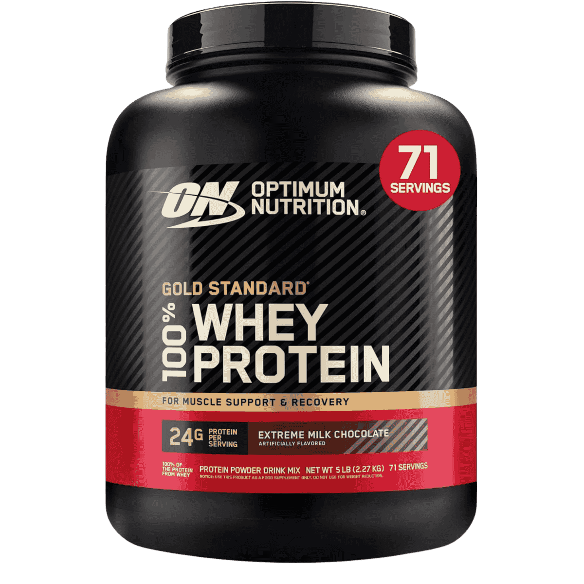 Pote de 5 libras de Gold Standard 100% Whey de Optimum Nutrition, formato grande sabor extreme milk chocolate.
