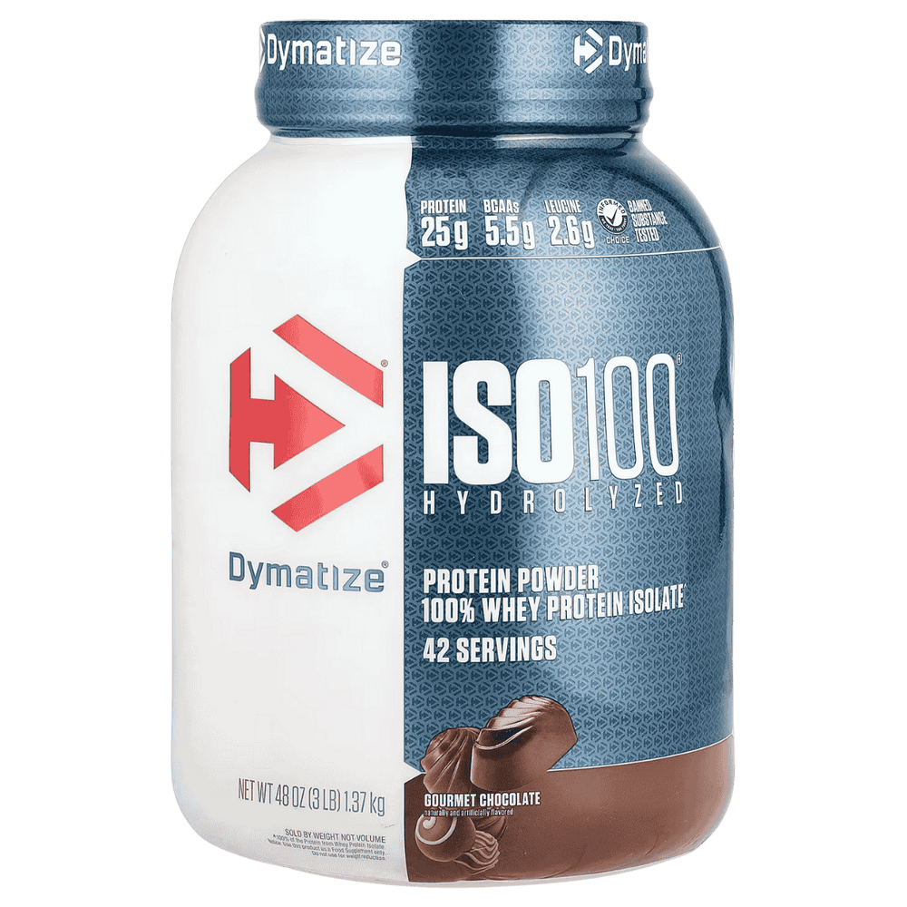 Envase de ISO 100 de Dymatize de 3 lbs, sabor Gourmet Chocolate.