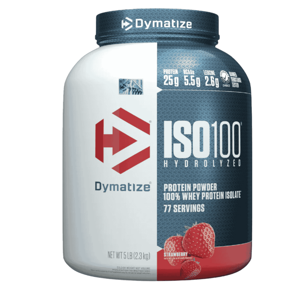 Pote grande de 5 libras de ISO 100 Hydrolyzed de Dymatize sabor fresa.