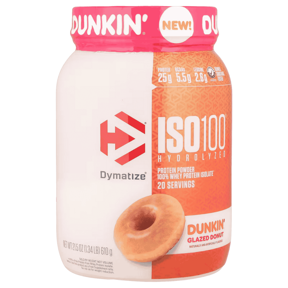 Pote de 1.3 libras de ISO 100 Hydrolyzed de Dymatize sabor dunkin glazed donut.