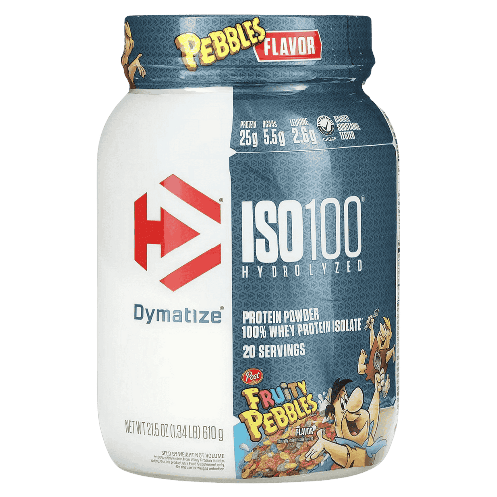 Pote de 1.3 libras de ISO 100 Hydrolyzed de Dymatize sabor fruity pebbles.