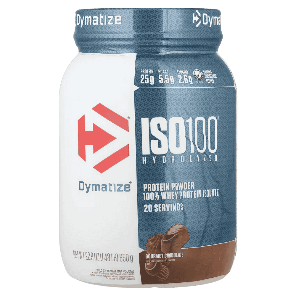 Pote de 1.3 libras de ISO 100 Hydrolyzed de Dymatize sabor gourmet chocolate.