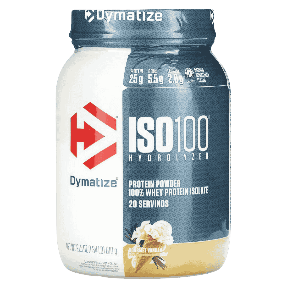 Pote de 1.3 libras de ISO 100 Hydrolyzed de Dymatize sabor gourmet vainilla.