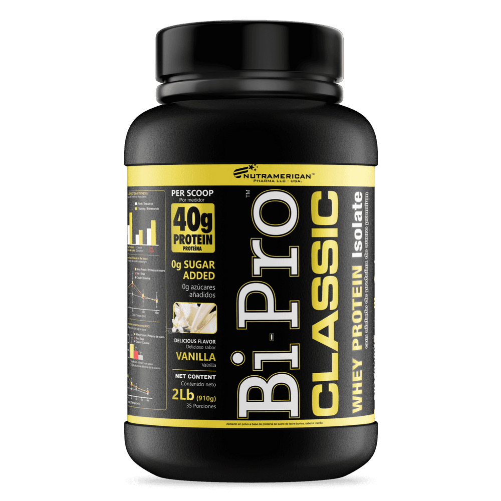 Pote de 2 libras de Bipro Classic sabir vainilla, la proteína de suero isolada pura de Nutramerican.


