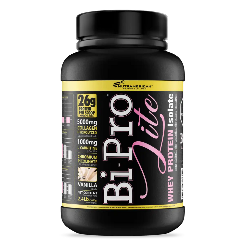 Pote de 2.4 libras de Bipro Lite, la proteína isolada y baja en calorías de Nutramerican.
