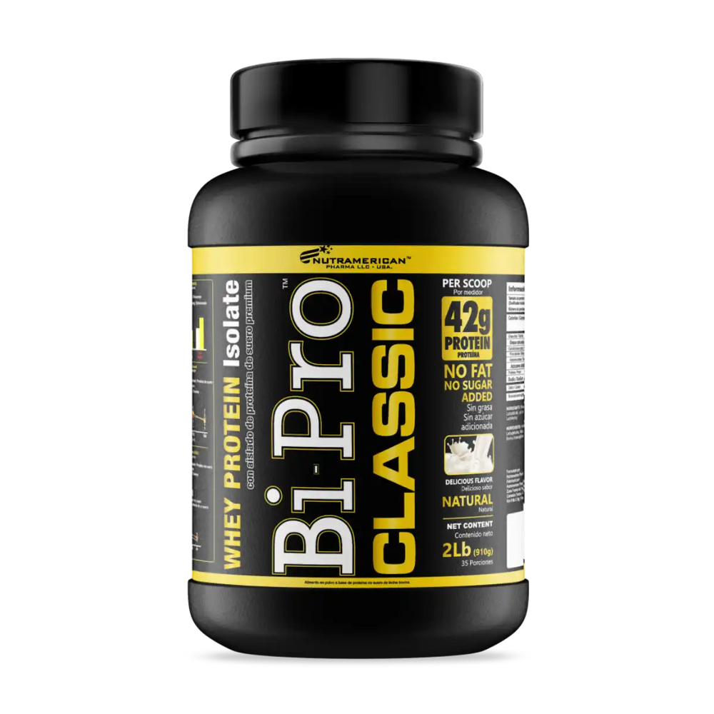 Pote de 2 libras de Bipro Classic sabor Natural, la proteína de suero isolada pura de Nutramerican.
