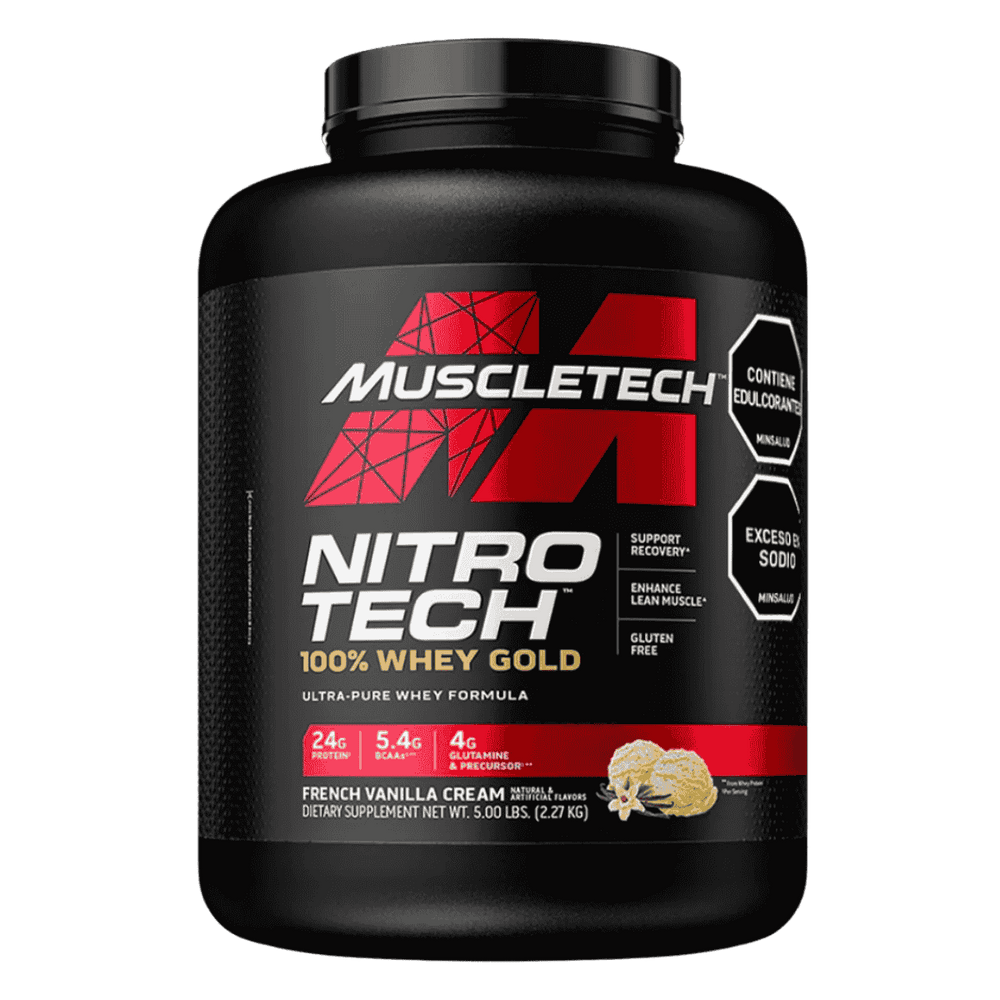 Pote de 5 libras de Nitro-Tech 100% Whey Gold de Muscletech sabor french vainilla cream.