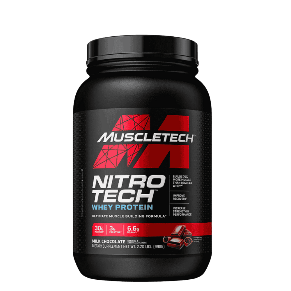 Pote de 2 libras de Nitro-Tech Performance Series de Muscletech sabor milk chocolate.