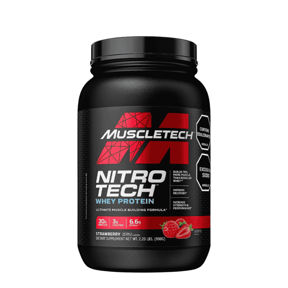 Pote de 2 libras de Nitro-Tech Performance Series de Muscletech sabor fresa.