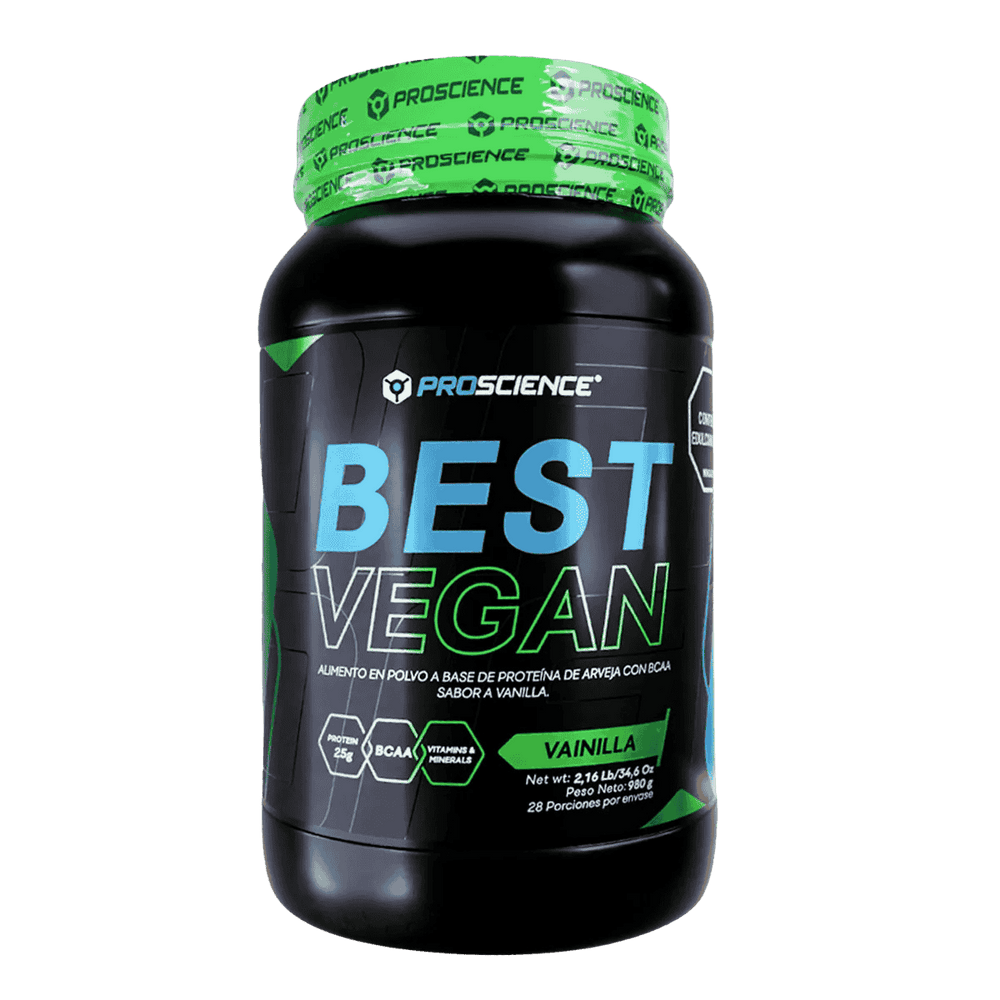 Pote de 2 libras de Best Vegan de Proscience, proteína 100% vegana de arveja y arroz.