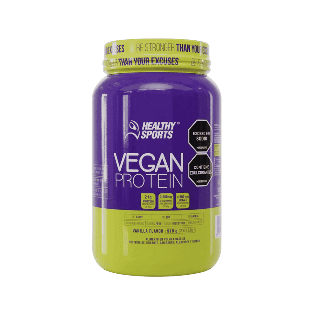 Pote de  Vegan Protein de Healthy Sports de 2 libras, proteína vegana sabor vainilla.