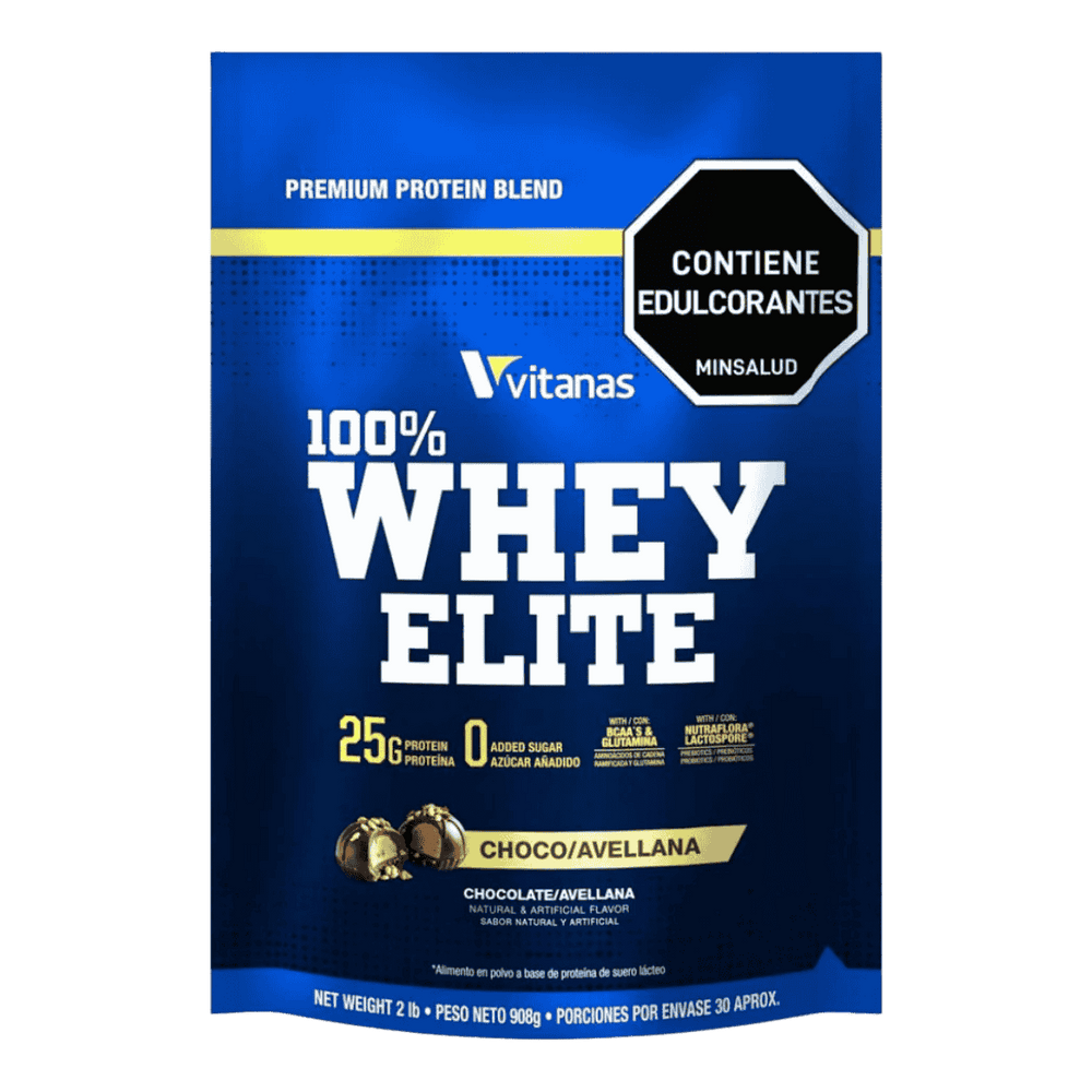 Bolsa de 2 libras de Whey Elite de Vitanas sabor choco avellana, proteína de suero colombiana.