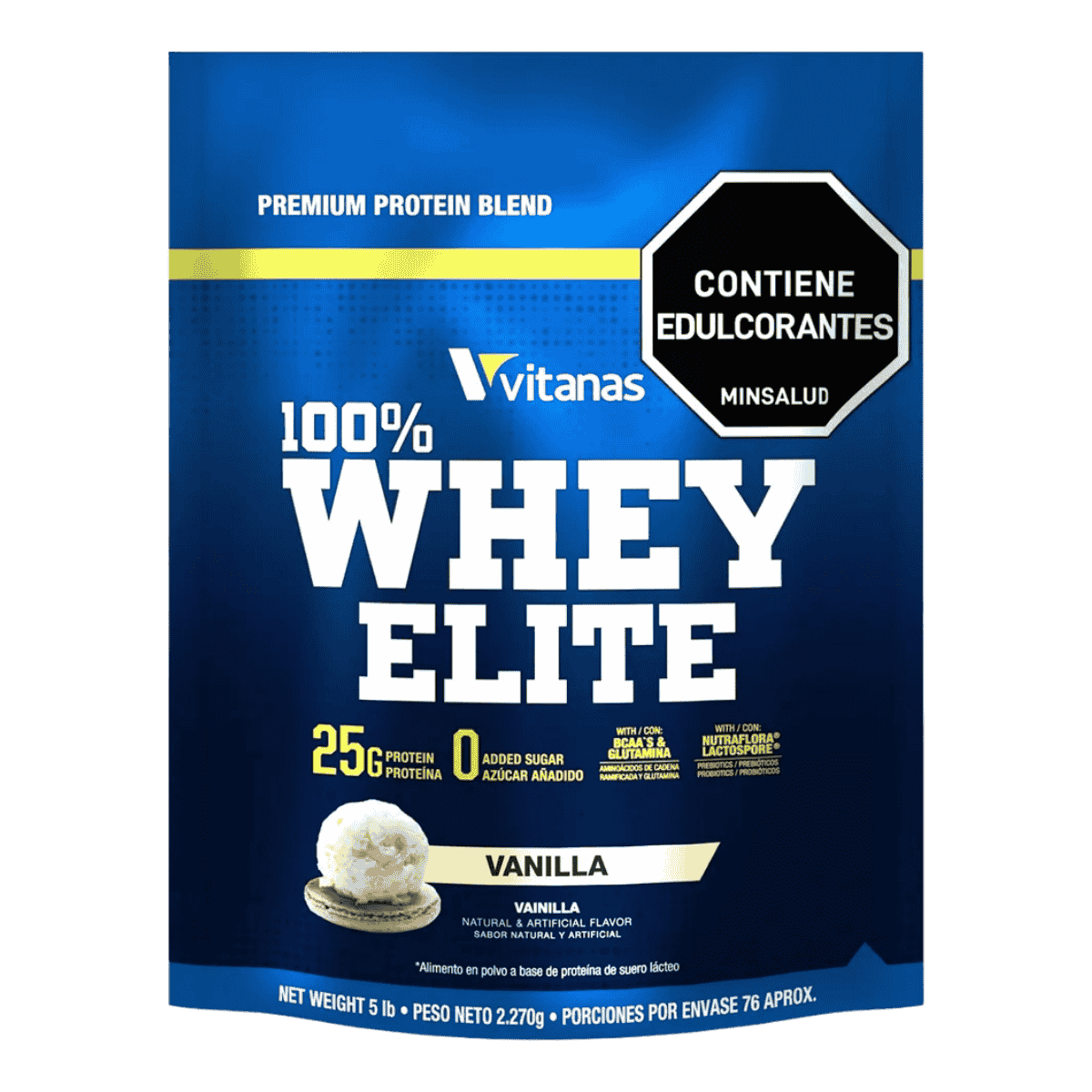 Bolsa de 5 libras de Whey Elite de Vitanas, proteína de suero de calidad nacional.