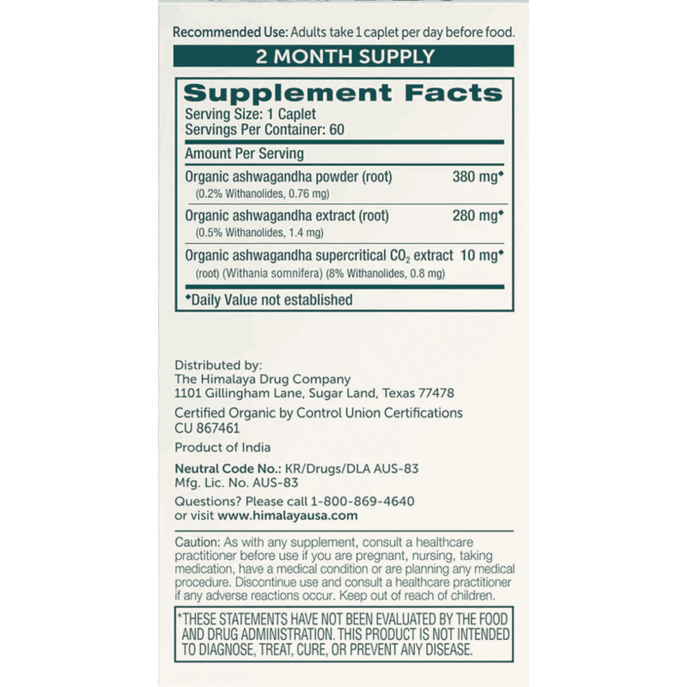 Tabla de ingredientes de Ashwagandha de Himalaya, mostrando el extracto de raíz.