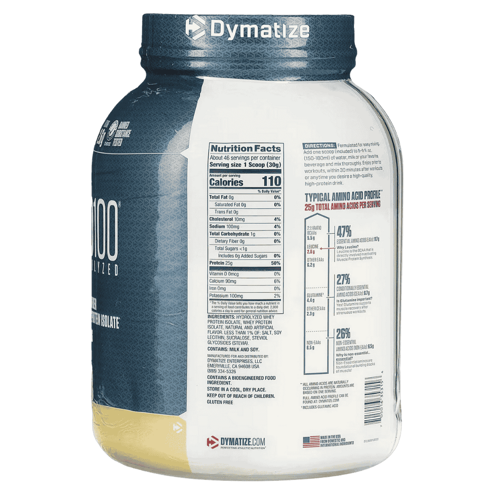 Envase de ISO 100 de Dymatize de 3 lbs, sabor Gourmet Vanilla.