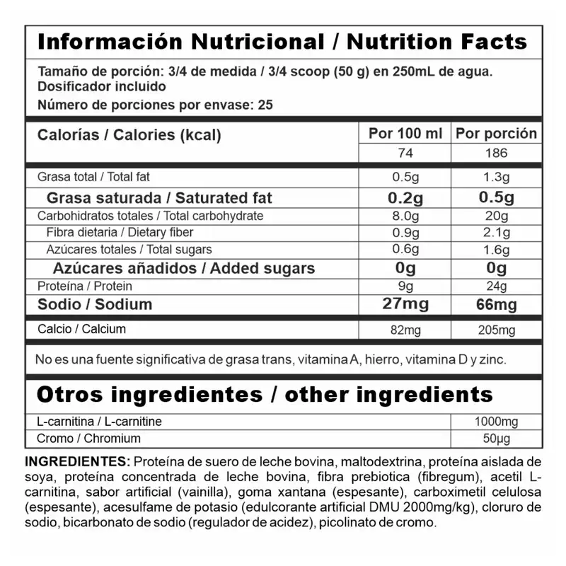 Información nutricional de la proteína para definición Mega Lite en su presentación de 3 libras.