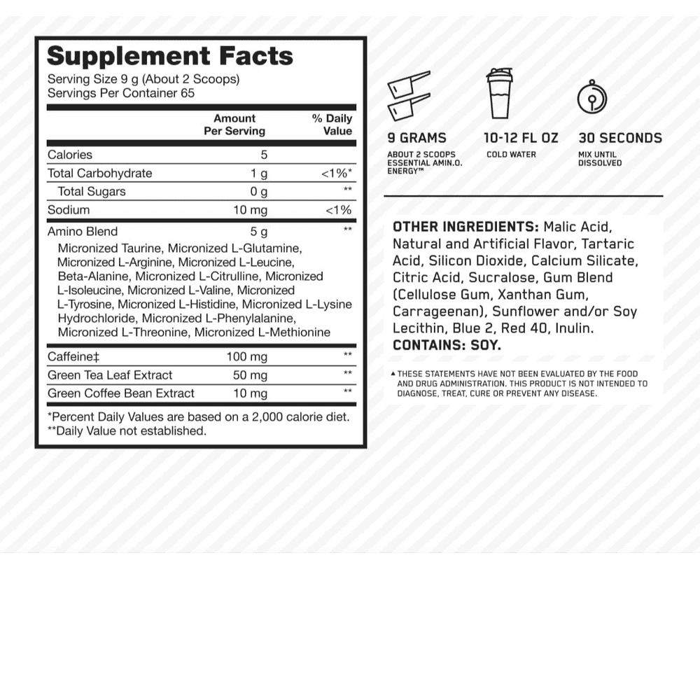 Tabla nutricional de Amino Energy, mostrando su mezcla de aminoácidos y su contenido de cafeína.