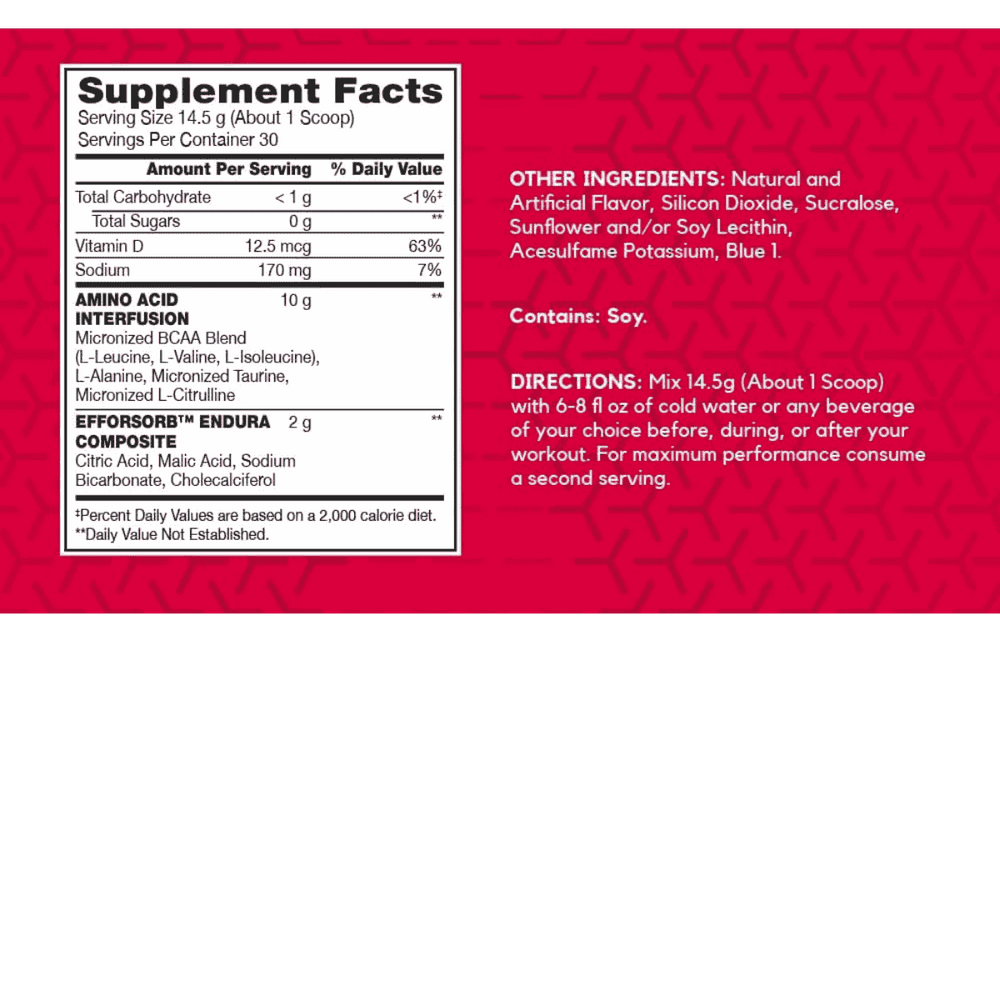 Tabla nutricional de Amino X de 30 servicios, mostrando su mezcla de aminoácidos.