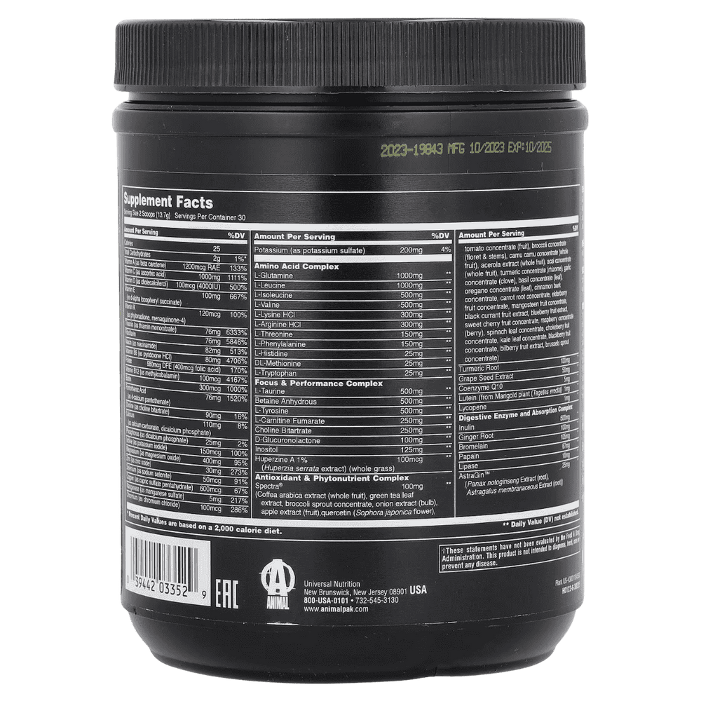 Tabla nutricional completa de Animal Pak en polvo, mostrando sus complejos de vitaminas, aminos y rendimiento.