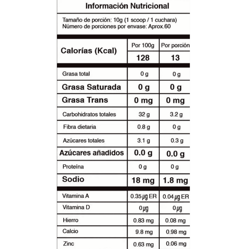 Tabla nutricional de Atomic, mostrando su fórmula de Creatina HCL, Leucina y Glutamina.